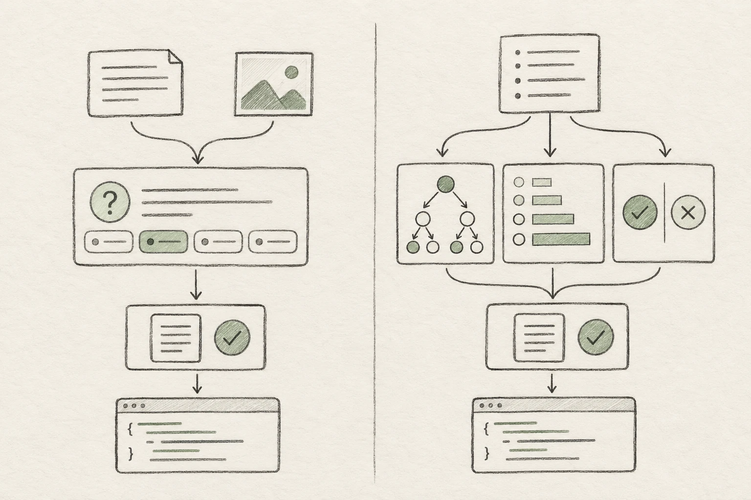 Hand-drawn illustration comparing a generative answer with a bounded decision workflow