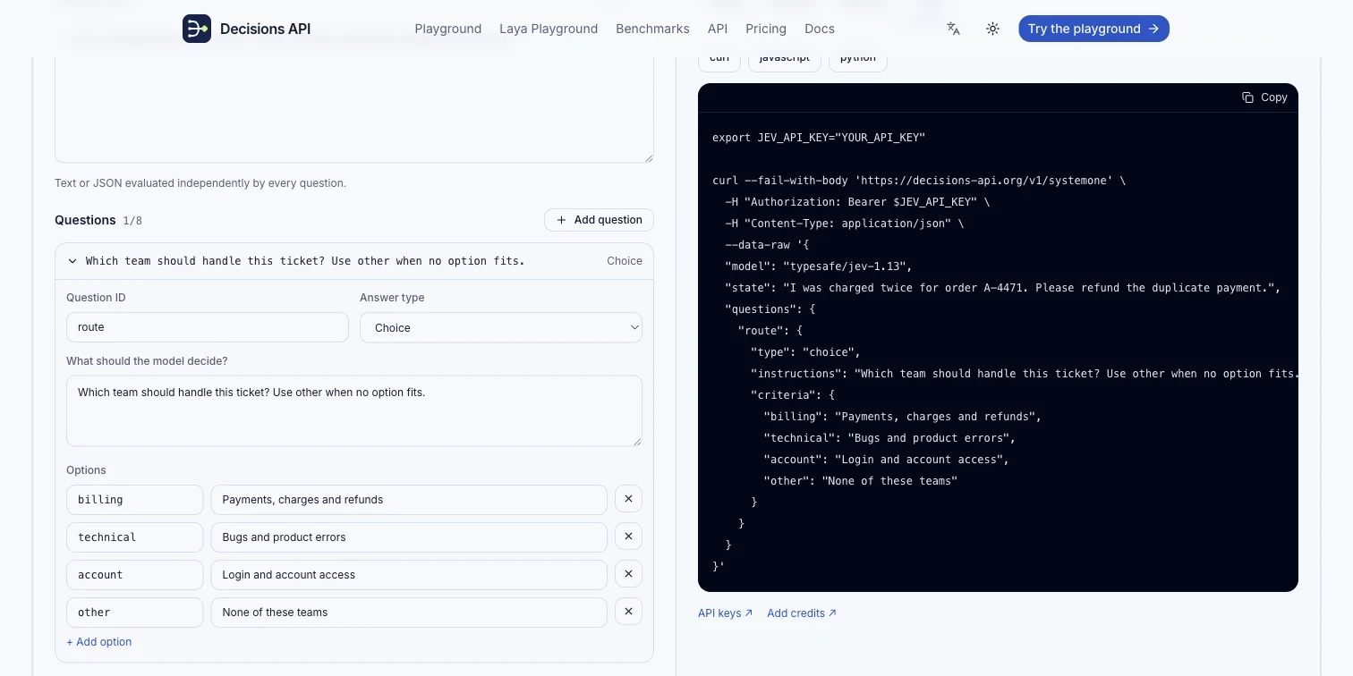 decisions-api.dev Playground 中真实的 API 代码生成视图