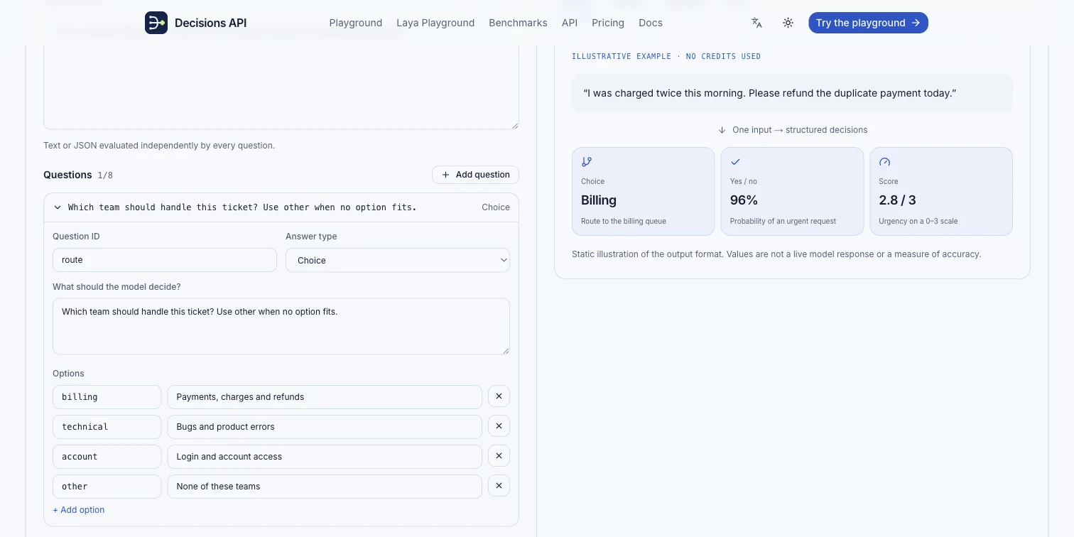 decisions-api.dev Playground 的真实界面，显示客服上下文和有限路由选项
